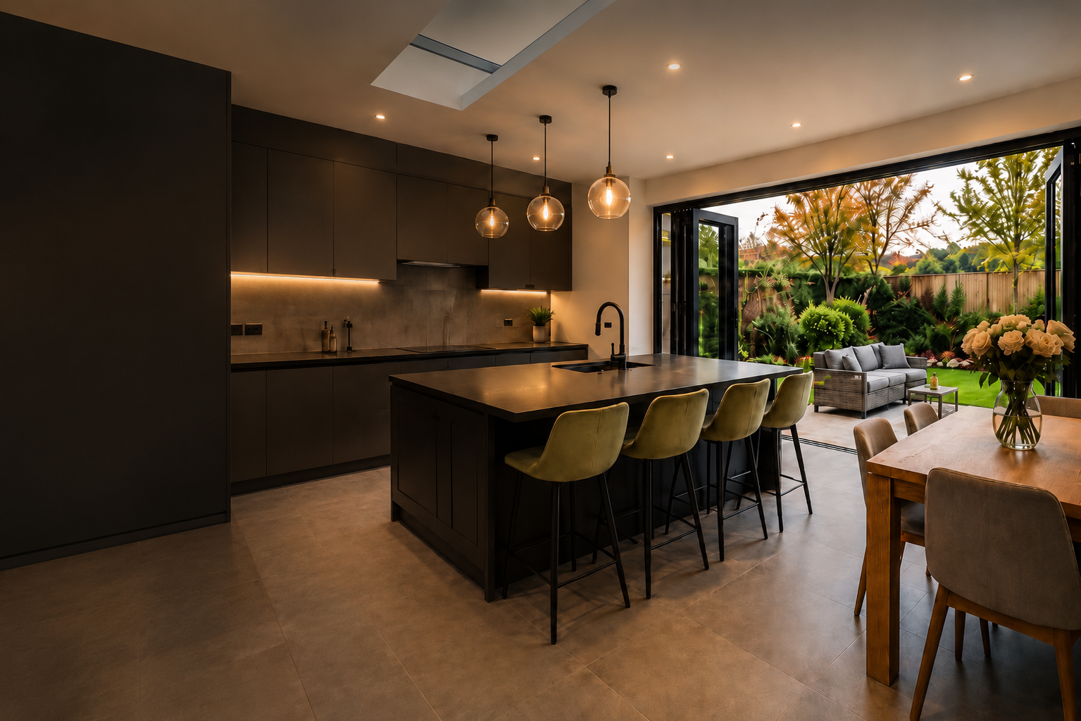 Modern kitchen extension with bi-fold doors, DR Property Solutions Bournemouth.Building Beautiful Spaces. Delivering Your Vision.